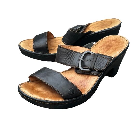 Born Black Leather Slip On Slide Sandals Heeled Shoes Buckle Size 8 - Picture 1 of 7